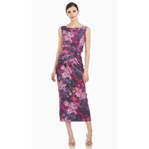 NWT Kay Unger Sabina Knot Tea Length Dress Pink Floral Size US 6 $278 [jb]